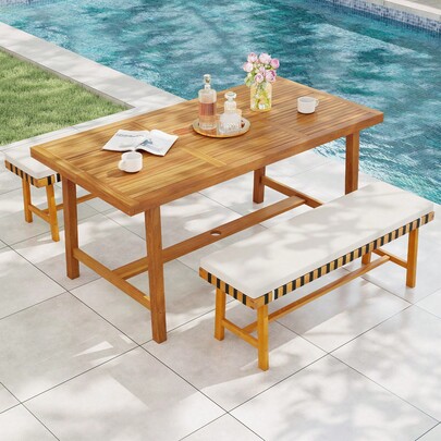 3-Piece Patio Dining Set Rectangular Table & 2 Benches W/1.97'' Umbrella Hole
