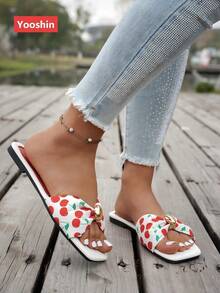 新款女士凉鞋，平底方头设计，清新蝴蝶结点缀，高端金色五金配件，套脚款式，轻便舒适，百搭单品，适合居家、春夏户外活动、休闲乡村度假、街头时尚沙滩拖鞋。 - 紅色 - 查看 3