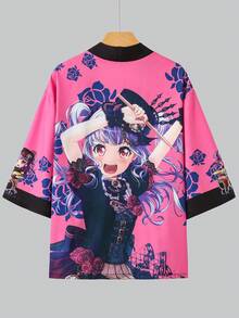 玫瑰印花七分袖宽松和服开衫，动漫风格外套 - 玫瑰紅 - 查看 4