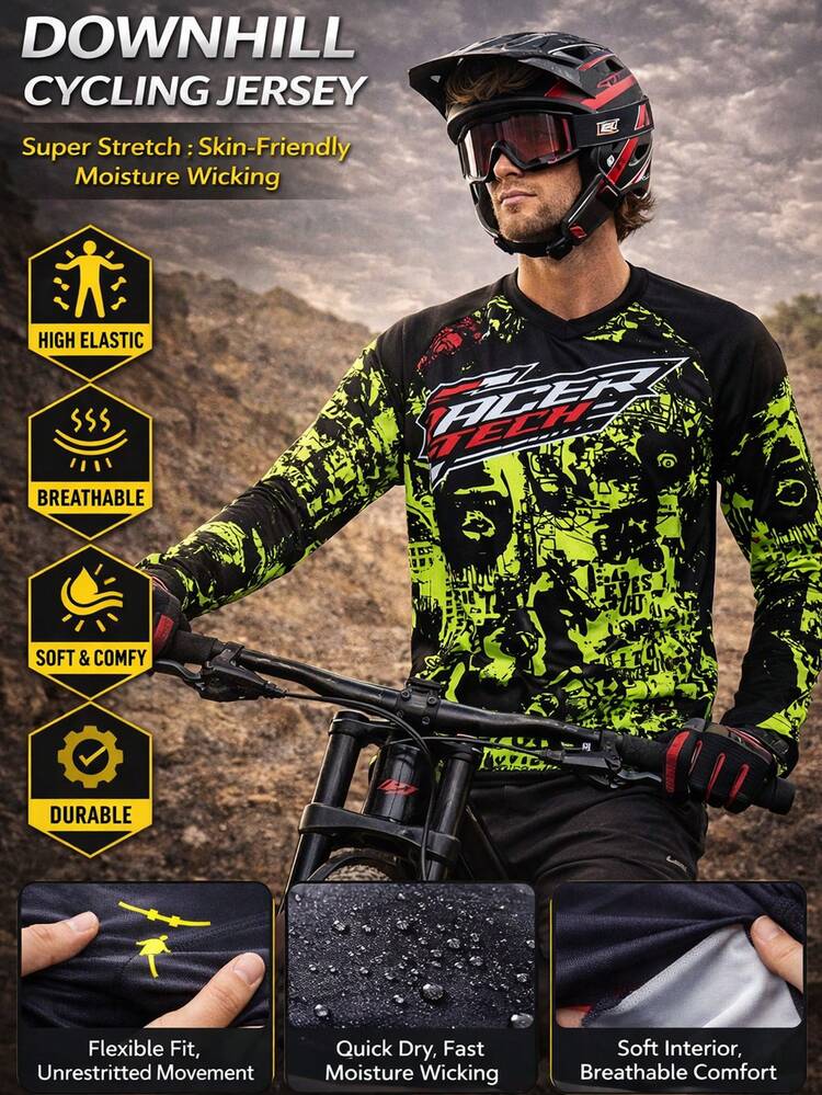 TELEYI Áo dài tay motocross họa tiết graffiti trừu tượng màu xanh huỳnh quang, thấm hút mồ hôi, áo đua xe đạp leo núi enduro cho thể thao ngoài trời - màu đen - Xem 6