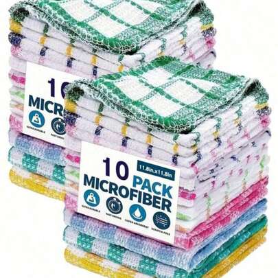 10条/包 双面格子抹布，多用途清洁布，适用于厨房、汽车，颜色随机