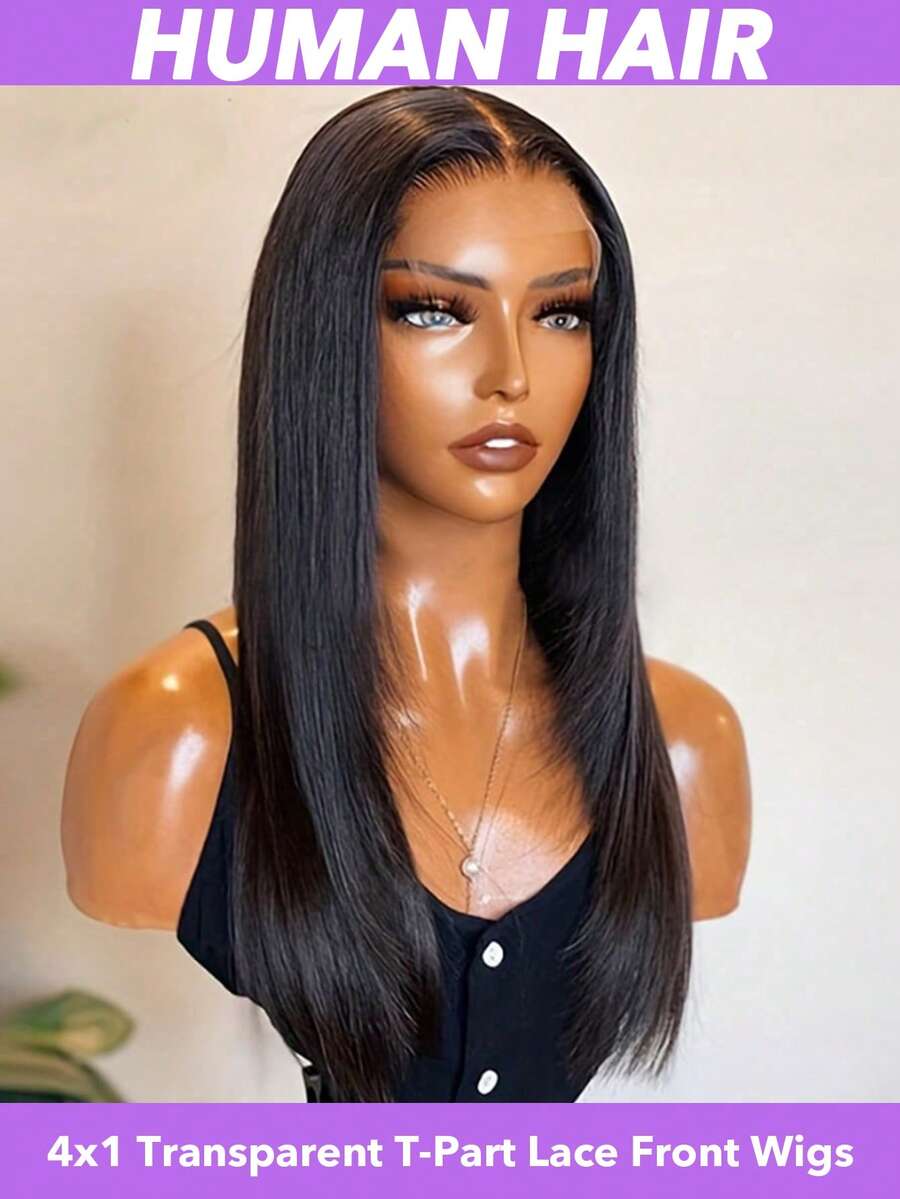 Tóc giả ren chữ T 24 inch, tóc thẳng 4x1 trong suốt, đã tỉa sẵn tóc con, mật độ 150% tóc thật dành cho nữ, phần ren phía trước T4x4, thích hợp cho tiệc tùng, công sở, Giáng sinh, lễ hội âm nhạc, Ngày Valentine, màu đen tự nhiên (8-30 inch) - Natural Black - Xem 1