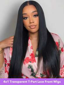 Tóc giả ren chữ T 24 inch, tóc thẳng 4x1 trong suốt, đã tỉa sẵn tóc con, mật độ 150% tóc thật dành cho nữ, phần ren phía trước T4x4, thích hợp cho tiệc tùng, công sở, Giáng sinh, lễ hội âm nhạc, Ngày Valentine, màu đen tự nhiên (8-30 inch) - Natural Black - Xem 3