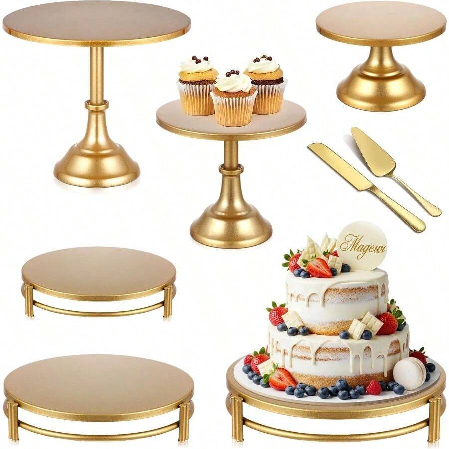 8 PCS Gold Cake Stand Set With Gold Pedestal Cake Stand And Cake Cutter Pie Spatula, Dessert Table Display Set Wedding, Party, Birthday, Shower, Event Bridal Celebration - 8 PCS - View 1