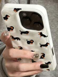 Cute Cartoon Dachshund Sausage Dog Pattern Wrinkled Texture Soft Phone Case Compatible With IPhone 17 Pro Max 17 Pro 16 15 14 13 12 Pro Max 14 15 16 Plus 11 Lovely Jelly Folds Texture TPU Cover Irregular Water Ripple Shell - White - View 2