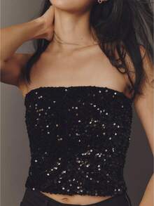 Women's Sparkly Sequin Cropped Tube Tops Strapless Party Clubwear Rave Concert Tops - Black - View 1