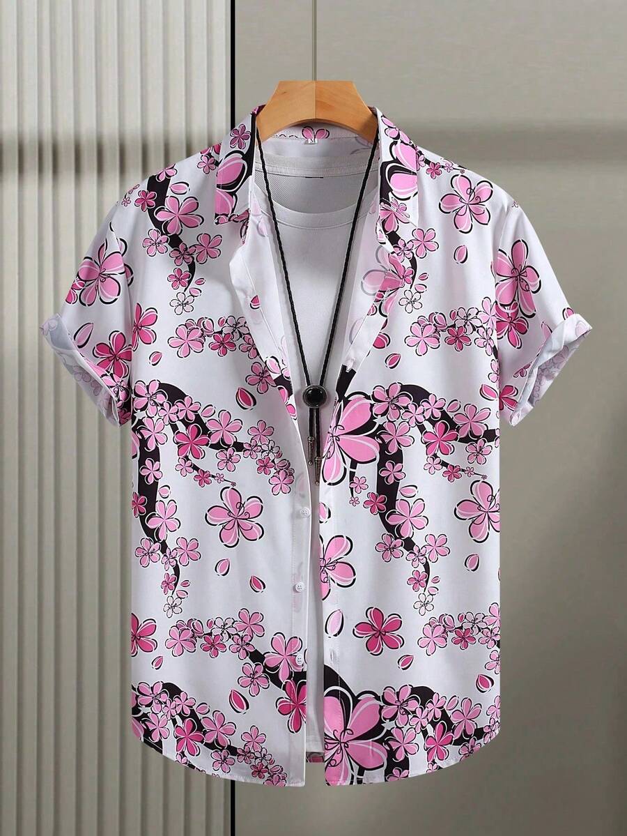 Pink Floral Harmony Symbolizes Joyful Renewal And Relaxed Confidence 3D Printed Casual Short Sleeve Button Up Shirt For Men Summer Beach Style - trắng - Xem 1
