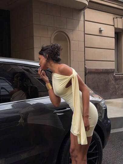 Women's Elegant Cold-Shoulder Mini Wrap Dress, Champagne Color Sexy Minimalist Spaghetti Strap Flowy Fitted Dress, Women's Summer Dress, Wedding Guest Dress, Women's Graceful Dress, Women's Beach Vacation Outfit