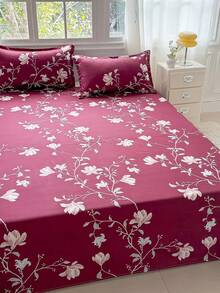 三件套花卉印花床上用品（含枕套，不含枕芯），100% 涤纶印花床单和床罩，可机洗，柔软耐用，适用于卧室或客房，现代简约家居床上用品。 - 酒紅玉枝 - 查看 4
