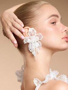 Women's Lace Flower Earrings, French Retro Crystal Tassel Earrings With Multi-Layer 3D Floral Petals, Goddess Side Profile Enhancer For Dates And Everyday Wear - White - View 3