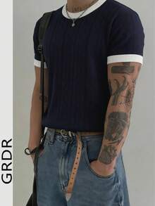 GRDR Men's Minimalist Fashion Knit T-Shirt Top - Daily Wear - Navy Blue - View 1