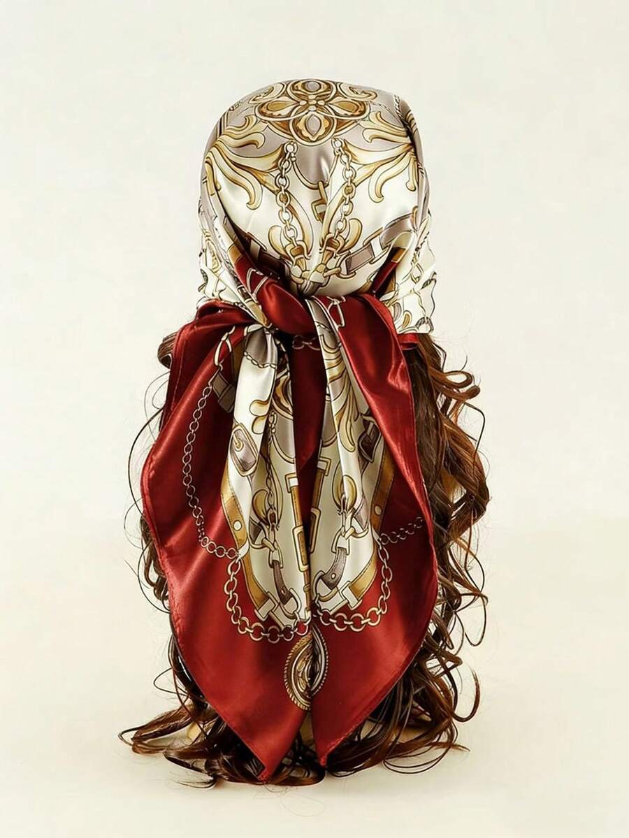1pc Women's Fashion Chain Rope Printed 90cm Square Scarf, Versatile Printed Scarf For Spring & Autumn,Beach,Holiday,Travel Essential - Burgundy - View 1