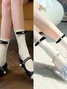 Japanese-Style JK Velvet Bow Lace Trim Mid-Calf Socks Lolita Cream White Calf Socks Mary Jane Women's Thin Style - 彩色 - 查看 1