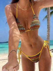 Women's Unique Textured Fabric Bikini Two Pieces Swimsuit Cute Halter Neck Strap Open Back Vacation - Olive Green - View 1