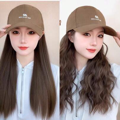 Gorra de béisbol de 22 PULGADAS con peluca sintética adjunta, estilo holgado bordado, pelo largo y esponjoso que cubre toda la cabeza