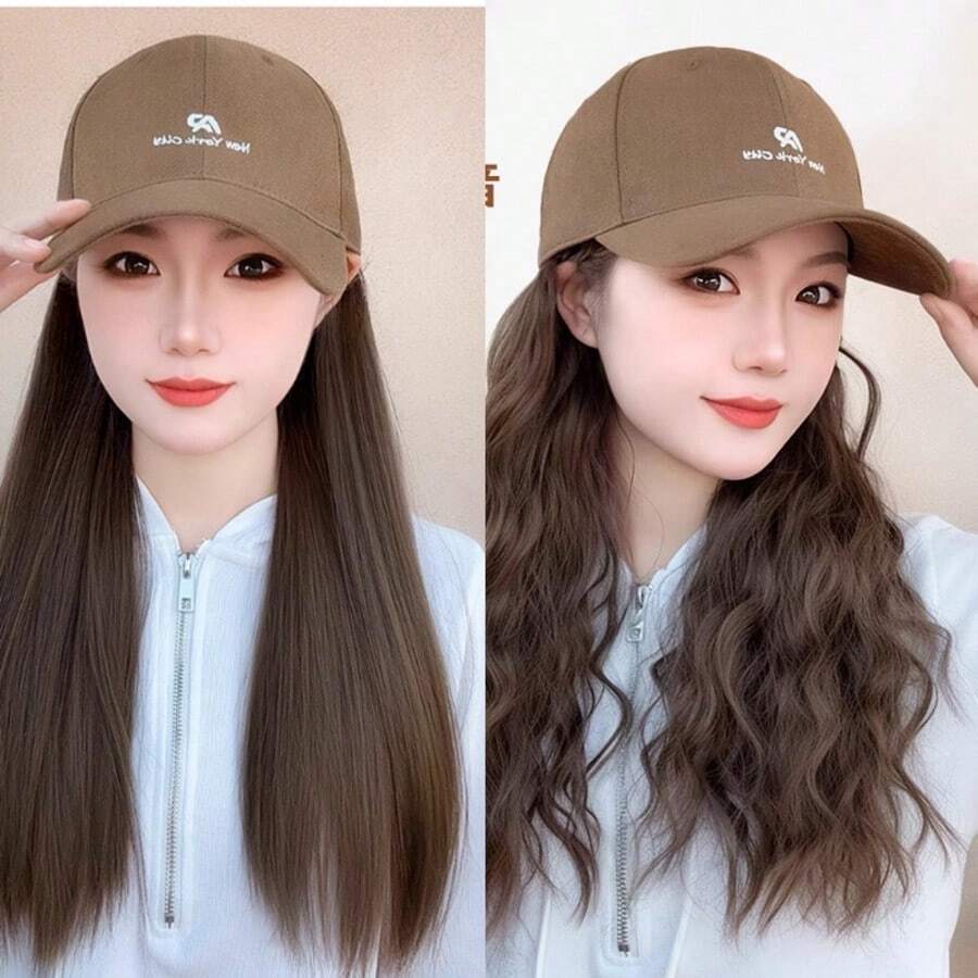 Mũ lưỡi trai bằng tóc giả tổng hợp 22 inch, kiểu dáng rộng rãi, thêu họa tiết, che phủ toàn bộ đầu với mái tóc dài bồng bềnh. - Dark Brown - Xem 1