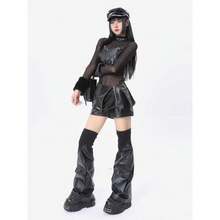Y2K Faux Leather Leg Warmers With Pocket, Punk Slouchy Boot Covers For Streetwear & Festival Outfits - 黑色 - 查看 5