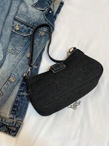 韩版极简星形牛仔腋下包，新款时尚小众新月形帆布手提包，个性化链条单肩包 - 黑色 - 查看 6