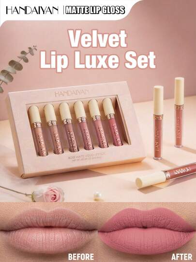 HANDAIYAN 6支装哑光唇釉套装，玫瑰色唇釉，不粘腻，丝绒质地，适合万圣节装扮、圣诞节、日常妆容、秋冬季节，是生日、情人节、母亲节的绝佳礼物，也是Y2K时尚的理想之选，节日派对必备，多种颜色可选。