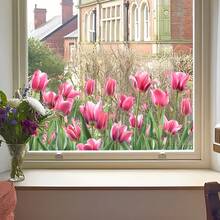 1pc 30x60cm Spring Turmeric Glass Sticker, Delicate Hand-Painted Floral & Butterfly Pattern, Pink & Green Color, Creates Fresh & Healing Home Decor - Multicolor - View 4