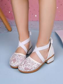 Girls' Mesh Low Heel Shoes, Cross Ankle Strap Embroidered Mesh Mary Jane Shoes, Suitable For Party And Daily Wear - White - View 5