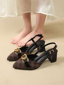 2026春季新款百搭单带镂空高跟凉鞋，韩版尖头后带粗跟复古时尚凉鞋 - 黑色 - 查看 6