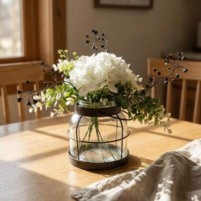 Vintage Rustic Iron Glass Lantern Floral Decor, White Hydrangea + Eucalyptus Artificial Flowers With Removable Handle, Home Dining Table/Cabinet Decoration To Enhance Daily Healing Ambiance