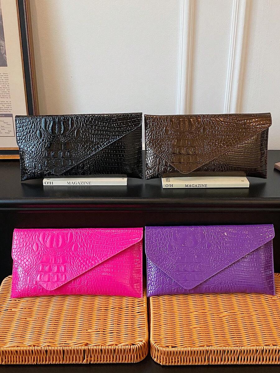 时尚纯色优雅鳄鱼纹信封手拿包，休闲百搭手提包 - 彩色 - 查看 1