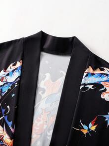 吉祥云龙印花宽松七分袖长袍，男士休闲开衫 - 黑色 - 查看 5