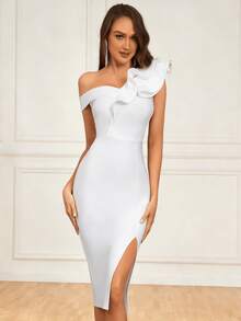 荷叶边不对称领口开衩中长款绷带修身连衣裙，适合情人节派对、婚礼宾客、鸡尾酒会等场合。 - 白色 - 查看 7