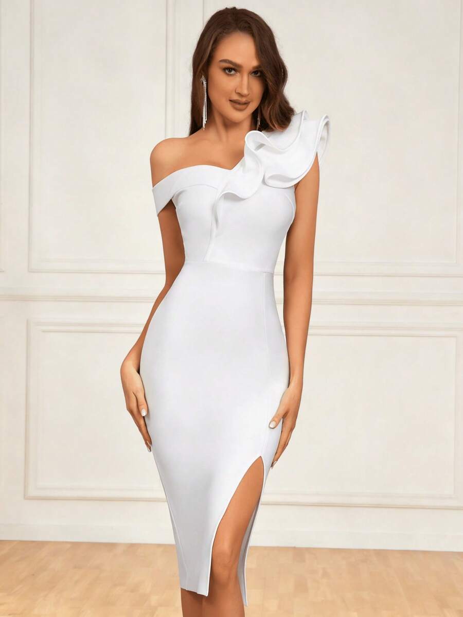 荷叶边不对称领口开衩中长款绷带修身连衣裙，适合情人节派对、婚礼宾客、鸡尾酒会等场合。 - 白色 - 查看 1