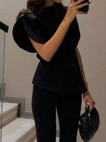 DEEKA 夏季新款女装时尚百搭花瓣袖黑色毕业上衣 - 黑色 - 查看 6