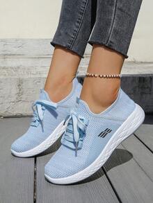 女士透气网面针织夏季运动鞋，轻便软底休闲运动鞋，学生跑步鞋 - 藍色 - 查看 3