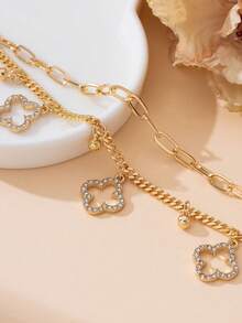 1条甜美清新夏日度假风闪亮金色四叶草吊坠双层脚链，适合海滩、旅行、晚宴佩戴 - 金黃色 - 查看 4