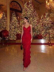 Vestido de tirantes finos con volantes multicapa y espalda descubierta de unicolor, adecuado para bodas, fiestas, cumpleaños, aniversarios, graduaciones, festivales de música en color rojo - Rojo - Ver 9