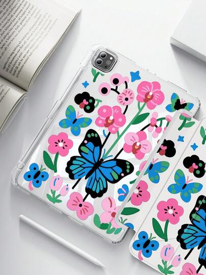 1 pieza Funda trasera de acrílico transparente con estampado de mariposa y flor de dibujos animados, a prueba de golpes y duradera, adecuada para iPad de 7.ª, 8.ª y 10.ª generación (10.2 pulgadas). Tiene una ranura incorporada para el lápiz y admite la función de suspender/activar. Un regalo ideal para Halloween y Año Nuevo.