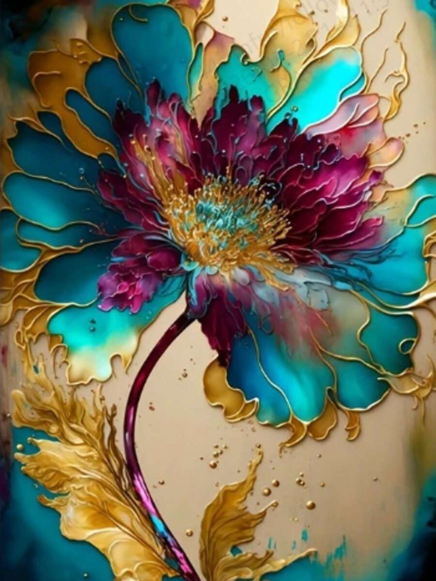 31.49 英寸 x 47.24 英寸无框抽象花卉帆布墙画，现代风格，适用于客厅和卧室，充满活力的橙色、粉色和蓝绿色花卉海报，饰以金色点缀，墙面装饰 | 抽象花卉设计 | 大胆多彩设计 - 圓鑽 - 查看 1