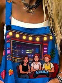 Arcade Game Scene All-Over Print Women's Adjustable Strap Jumpsuit, Polyester Fiber Fabric, Lightweight And Breathable, Women's Clothing, Standard Size Jumpsuit, Plus Size Women's Clothing, Plus Size Jumpsuit And Romper, Plus Size Jumpsuit - 彩色 - 查看 3