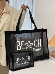 粉色网眼沙滩手提包，字母印花，附赠化妆包和时尚眼镜，网眼化妆包可装口红和粉扑，便携式沙滩包，夏季必备 - 彩色 - 查看 12