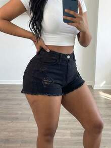 Women's High Waist Stretch Denim Shorts With Ripped & Frayed Hem Detail, Retro Sexy Design, Hot Girl Style Shorts - màu đen - Xem 1