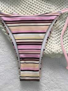 女士吊带条纹比基尼套装，优雅休闲性感高弹力系带泳衣，两件式泳装，适合夏季、度假、海滩、女士假日装、节日、派对和休闲穿着 - 彩色 - 查看 8