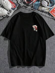 AnChiStreetwear - 大码男士时尚扑克骰子“最强牌面”印花休闲短袖T恤，适合日常穿着和聚会 - 黑色 - 查看 3