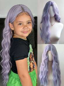 Kids Purple Long Roll Synthetic U-Part Lace Wig Mid-Split Bangs Large Wave Curly Hair Long Wig - Multicolor - View 11