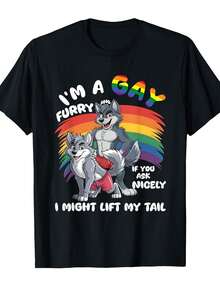 Men'S Funny Gay Furry Pride Month T-Shirt - Rainbow Fox And Dog Design "I'M A Gay Furry" Slogan, LGBTQ+ Apparel, Comfortable Crew Neck Short Sleeve Casual Tee, Suitable For Loungewear And Pride Events, Comfortable Fit For All Seasons, Adult - 黑色 - 查看 1