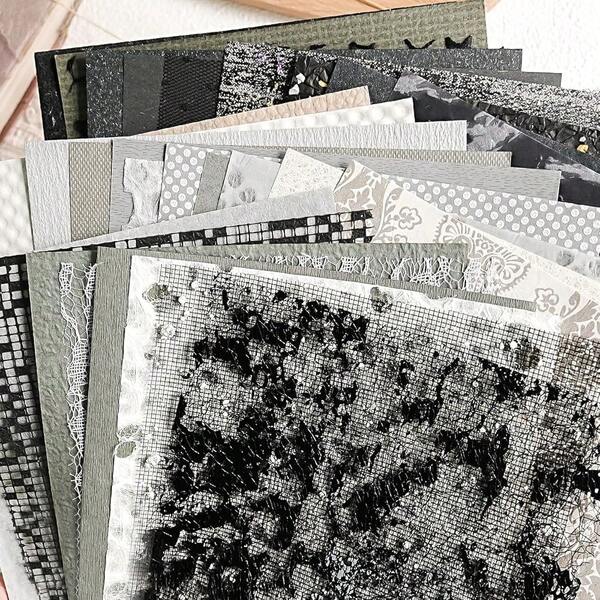 30Pcs Unique Handmade Textured Scrapbook Paper&Mesh Fabric Set - A5 Sheet Black&Gray Craft Mulberry Special Mix For ScrapbooFKing Junk Journaling Supplies Card Collage DIY Materials, 5.8x8.2 Inches