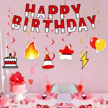 19件套红白生日派对横幅悬挂漩涡装饰套装，红白生日快乐主题生日派对装饰，生日蛋糕，帽子，闪电图案活动和场景装饰用品 - 紅白裝飾套裝 - 查看 7
