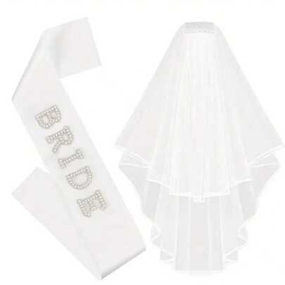 2Pcs Bride Veil Satin Sash Bridal Shower Wedding Decorations Stickers,Suitable For Hen Party Supplies,Bride,Bride To Be,Wedding
