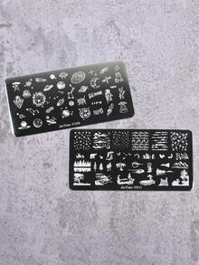 2片星空与海洋图案美甲印花板，1个带盖美甲印章，美甲印花工具套装（含刮刀） - 銀色 - 查看 2