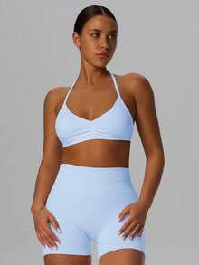 Yefecy 1 pieza Sujetador deportivo de alto impacto con cuello halter para mujer, top de entrenamiento sin costuras con relleno fruncido, ropa deportiva elástica para gimnasio, yoga, uso diario, athleisure y streetwear - Celeste - Ver 4