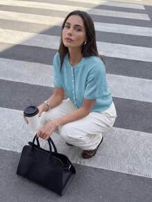 Round Neck Solid Color Pearl Button Short Sleeve Casual Versatile Knit Cardigan, Loose Fit, Suitable For Daily Wear Spring - Pastel Blue - View 8